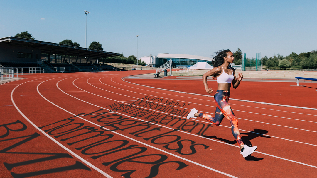 A woman runs, her silhouette states= phrases related to health, weight loss, and surrogacy