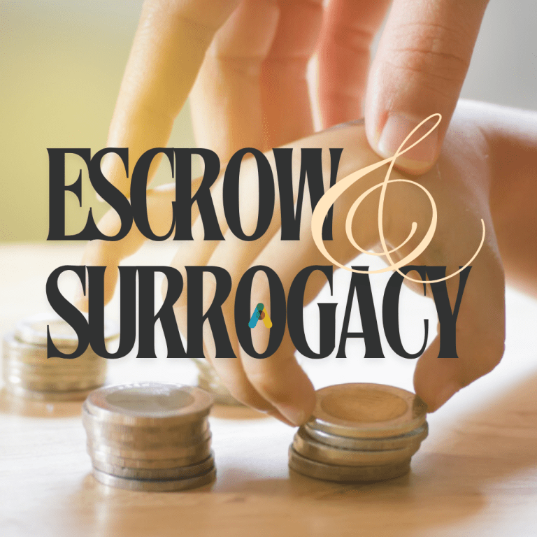 An infants hand reaches for a set of coins- while a larger hand pulls it away. Floating text says "Escrow and Surrogacy"